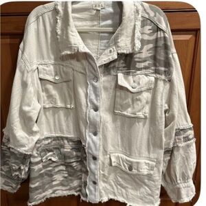 POL Distressed Camouflage Jean Jacket - Cream and Gray